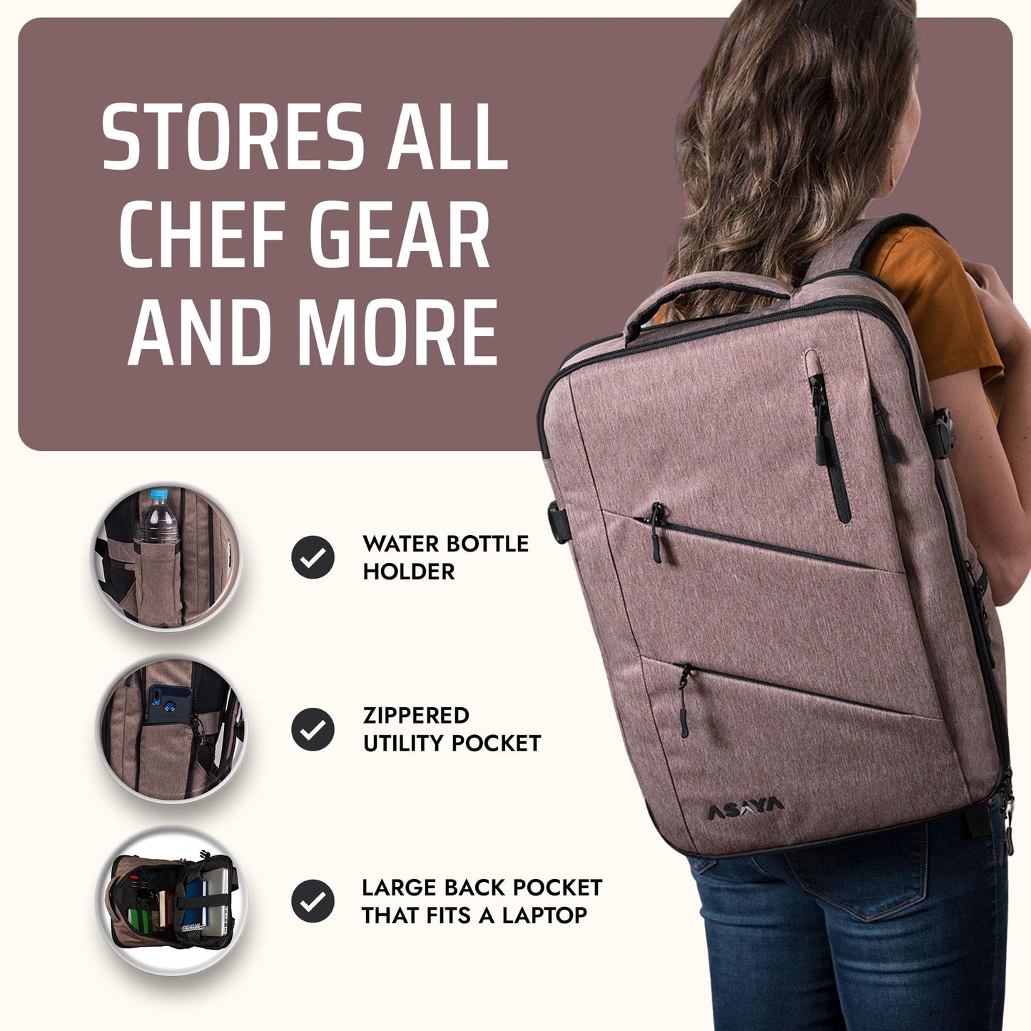 Asaya Chef Knife Backpack with 20-Pocket Knife Roll Bag - Over 30 Storage Pockets Chef Bag, Professional Backpack for Chefs and Culinary Students – Knives Not Included (Brown)