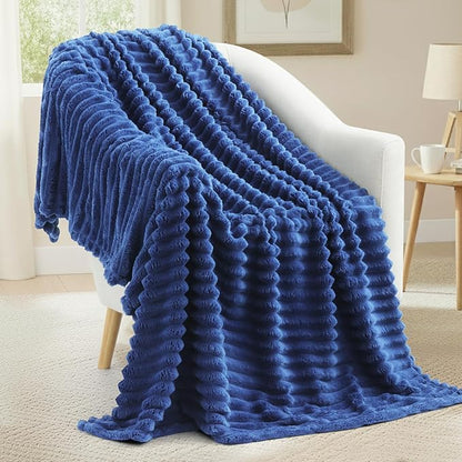 decorUhome Soft Fleece Navy Blue Blanket King Size for Bed, Cozy Fluffy Plush Flannel Large Striped Throws for Couch Sofa, Lightweight Decorative Fuzzy Blanket for Woman, 108x90 Inches