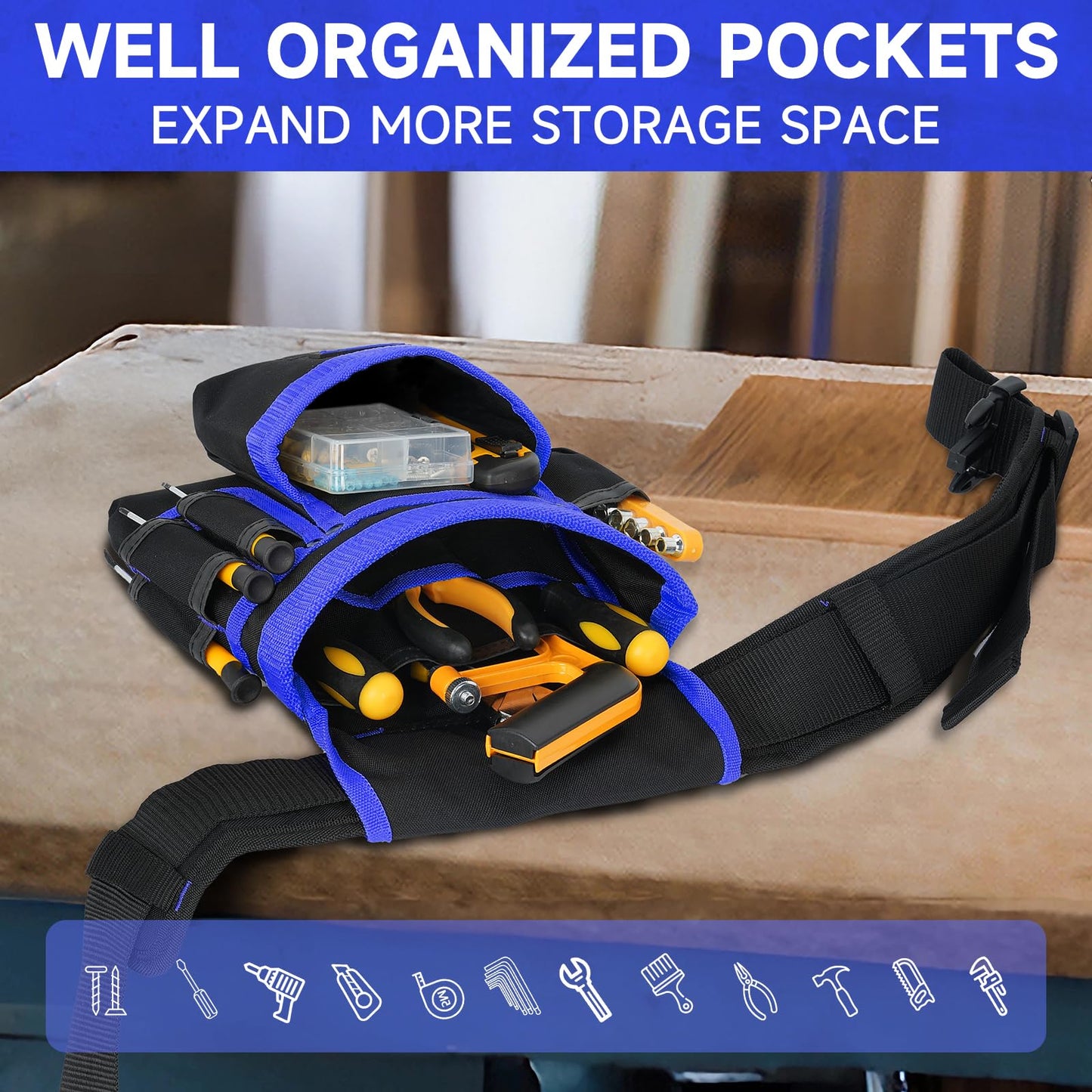 Tool Belt,Magnetic Tool Pouch,27-Pockets Heavy Duty Tool Belts for Men,Detachable Tool Pouch Bag for Electrician,Carpenter,Construction,Work Apron,Utility Belt,Valentines Day Gifts for Men,Black,Blue