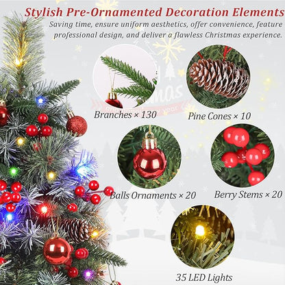 2 Packs 30in Frosted Outdoor Christmas Trees, Pre-Lit Battery Operated Fake Xmas Tree Holiday Decor with Stake, Multi-Color & WW Waterproof String Lights, Red Berries & Balls, Pine Cones