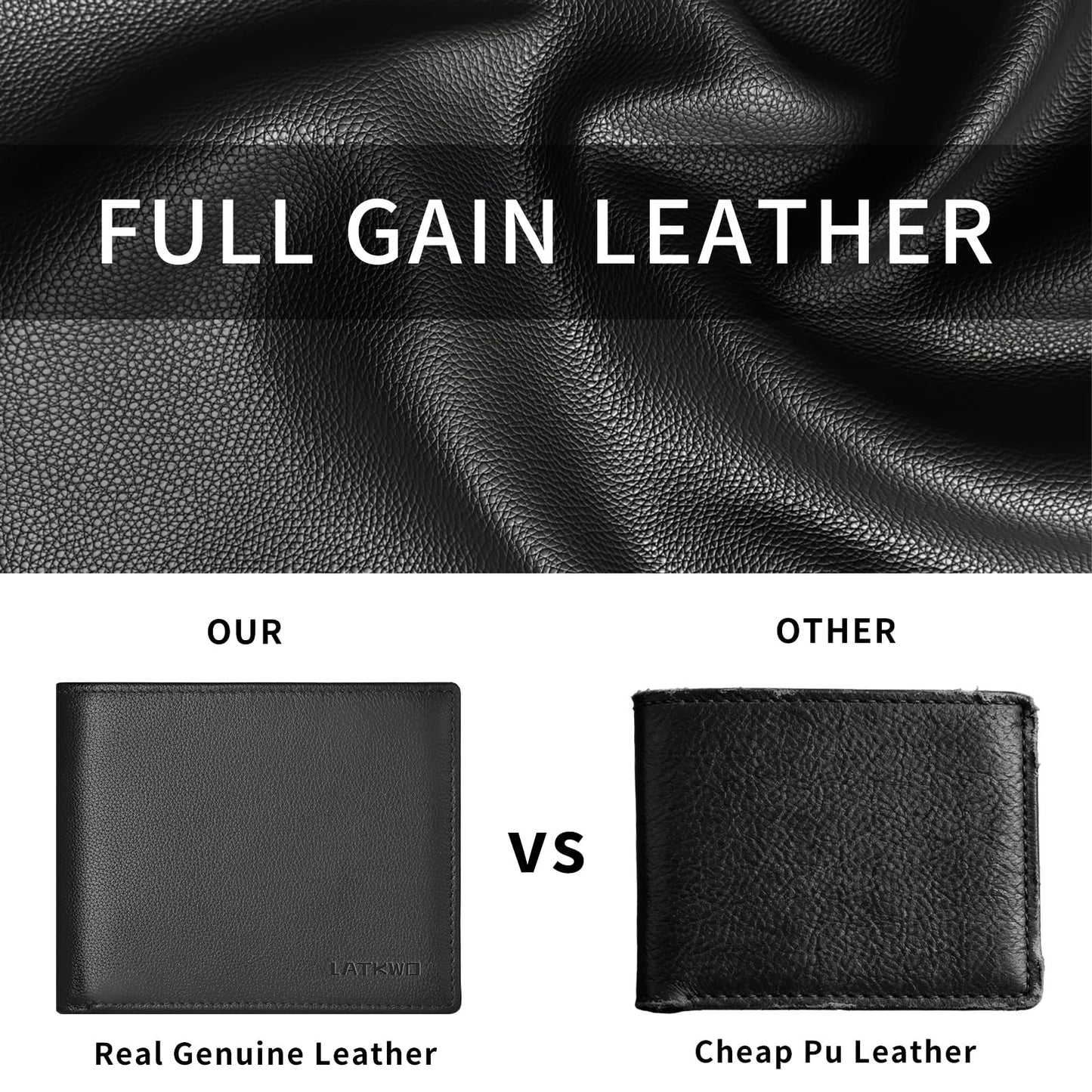 LATKWO Mens Wallet - Genuine Leather Bifold RFID Blocking Slim Front Pocket Large Capacity with 10 Card Slots, 2 ID Windows & 2 Cash Pockets - Heavy Duty Stitched Gift for Men (Black)