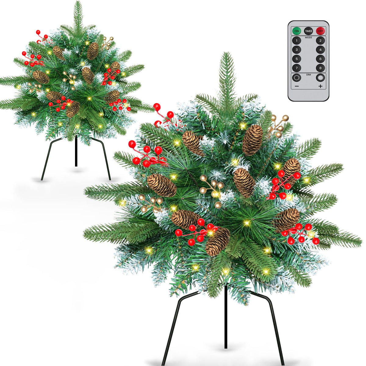 Set of 2 24Inch Lighted Christmas Tree Urn Filler, Artificial Holiday Planters, Flocked Xmas Trees with Cones Berries, Outdoor Christmas Decorations for Planter, Porch, Yard