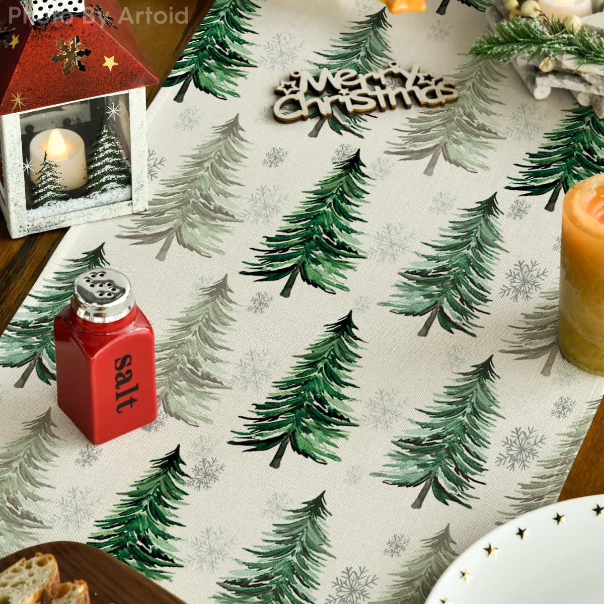 Artoid Mode Xmas Trees Snowflake Christmas Table Runner, Seasonal Winter Green Kitchen Dining Table Decoration for Home Party Decor 13x72 Inch