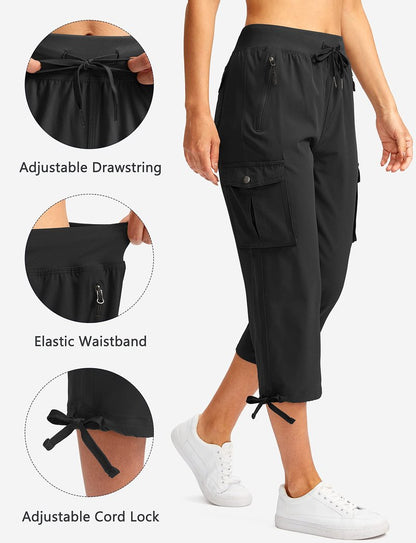 Soothfeel Women's Cargo Capris Pants with 6 Pockets Lightweight Quick Dry Travel Hiking Summer Pants for Women Casual (Black, XL)