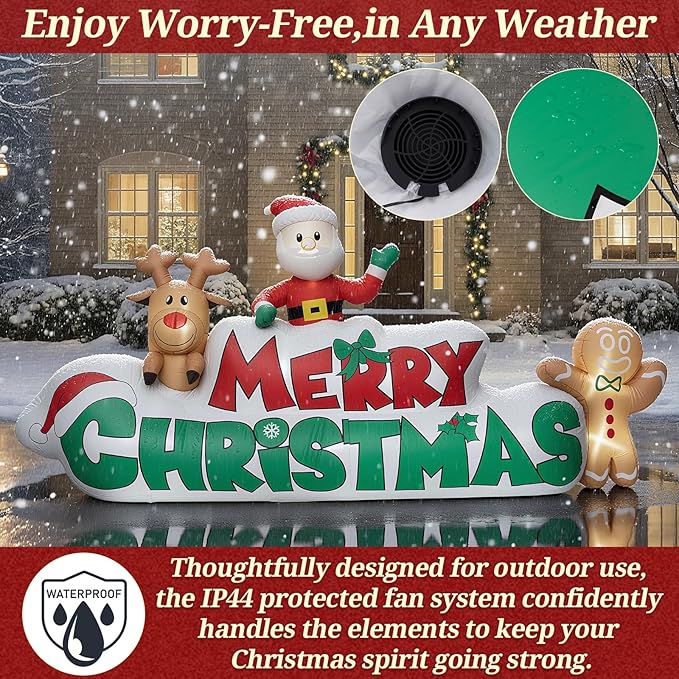 9.5 FT Christmas Inflatable Merry Christmas Sign with Santa, Reindeer & Gingerbread Man, LED Lit in- & Outdoor Decoration for Yard Garden Lawn Winter Decor