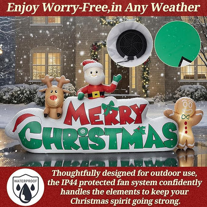 9.5 FT Christmas Inflatable Merry Christmas Sign with Santa, Reindeer & Gingerbread Man, LED Lit in- & Outdoor Decoration for Yard Garden Lawn Winter Decor