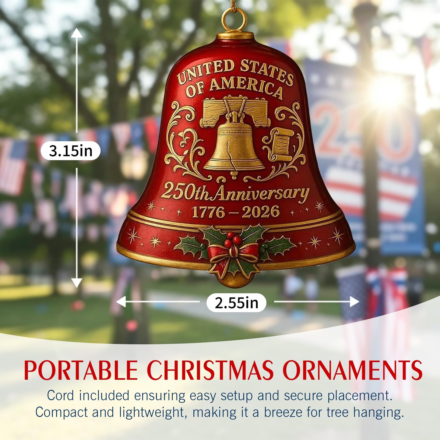 2pc 250th Anniversary USA Bell Ornament for 4th of July Decorations, 2D Acrylic 250 Anniversary Merchandise, America 250th Birthday Gifts, 250th Patriotic Decorations for Holiday Ornament Gift Bulk