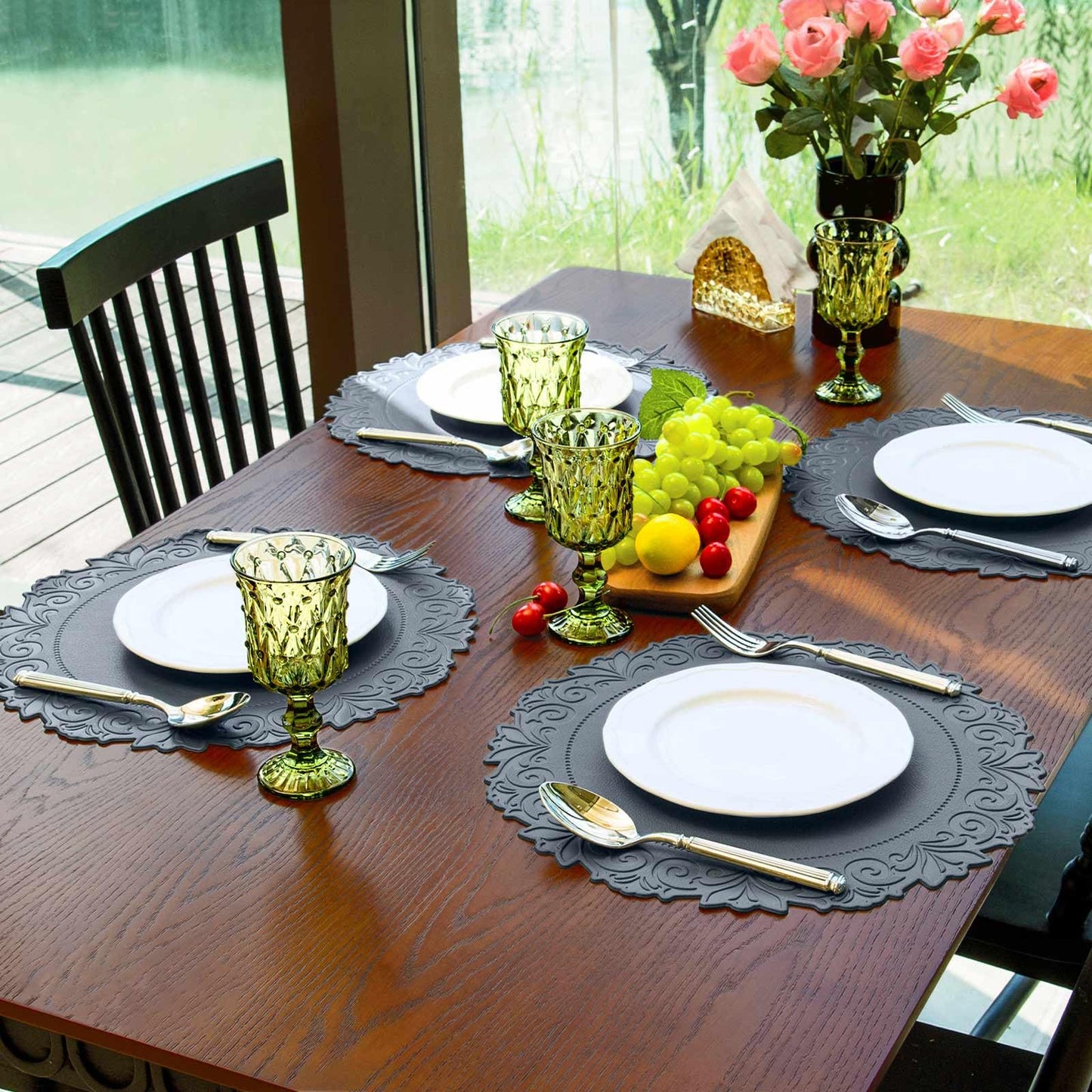 Noctiflorous Round Faux Leather 15 Inch Placemats Set of 6 Waterproof Wipeable Heat Resistant Tablemat for Dining Table Kitchen Non Slip Washable Oilproof Table Place Mat(Graphite Gray, 6)