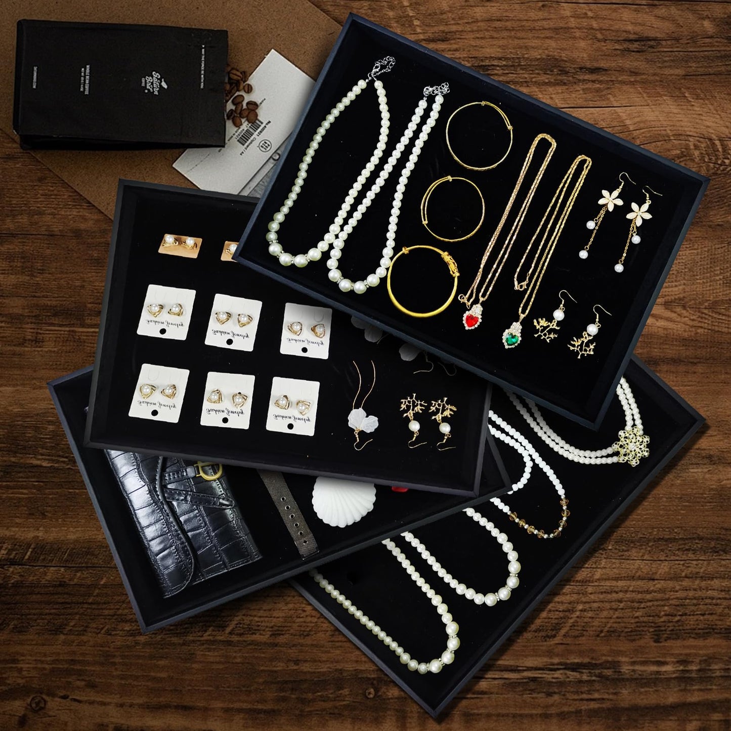 SCIKHEFT Black Velvet Stackable Jewelry Display Tray Storage Organizing Trays Empty Plate (13.78" L x 9.45" W x 1.18" H in) (2)