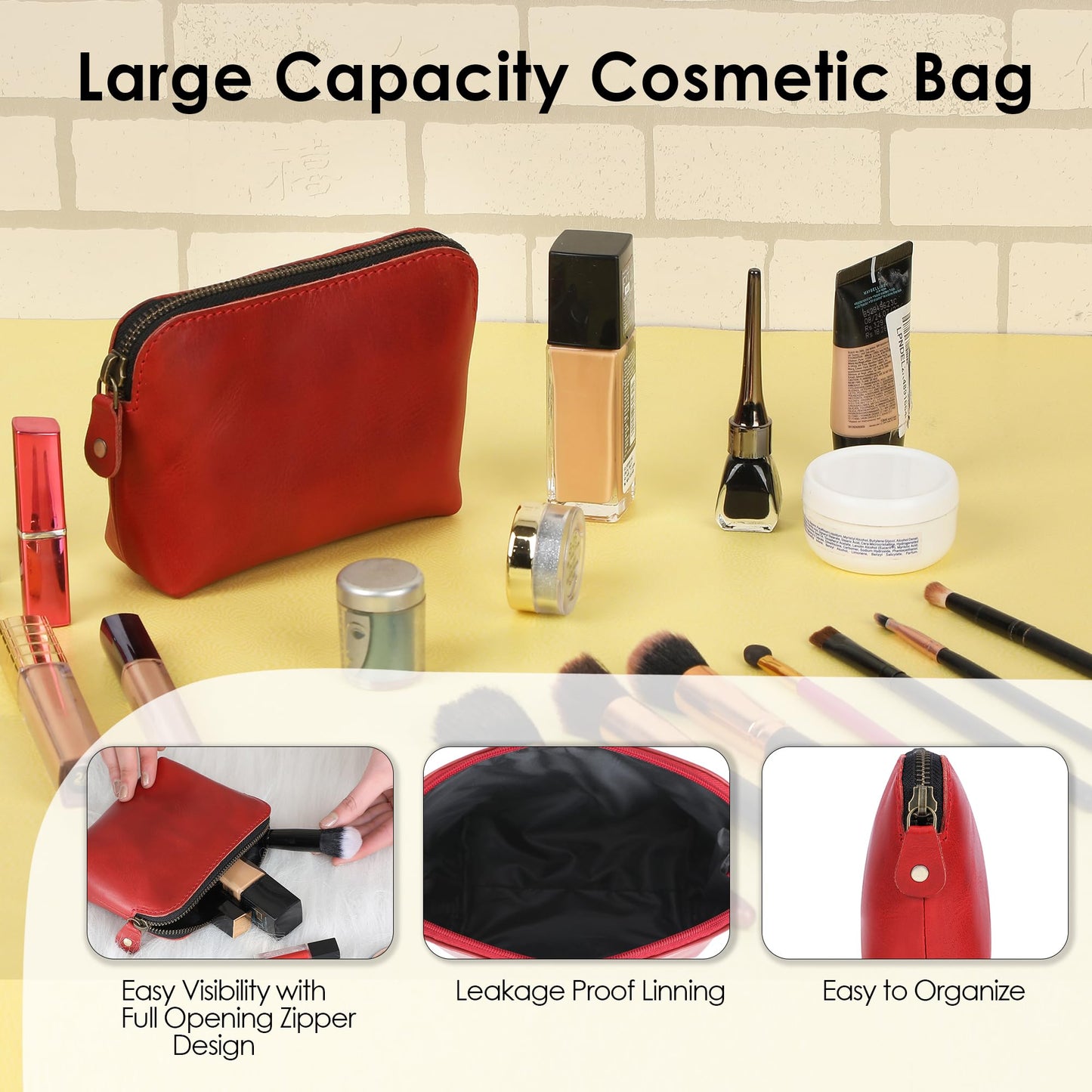 TheAntiq Full Grain Leather Cosmetic Bag – Zippered Makeup Pouch for Women, Small Travel Toiletry & Organizer Pouch for Purse, Premium Handmade Leather (5 × 4 × 2.5 in)