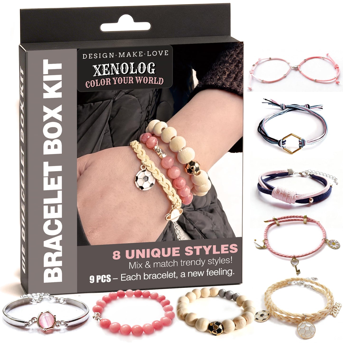 Xenolog Bracelet Making Kit – Pink Leather & Faux Suede Cords with Soccer Charm, 2026 Metal Charms, Jade & Wood Beads – DIY Friendship Bracelet Kit for Teens Girls Adults – Unique Gift for Soccer Fans & Graduation
