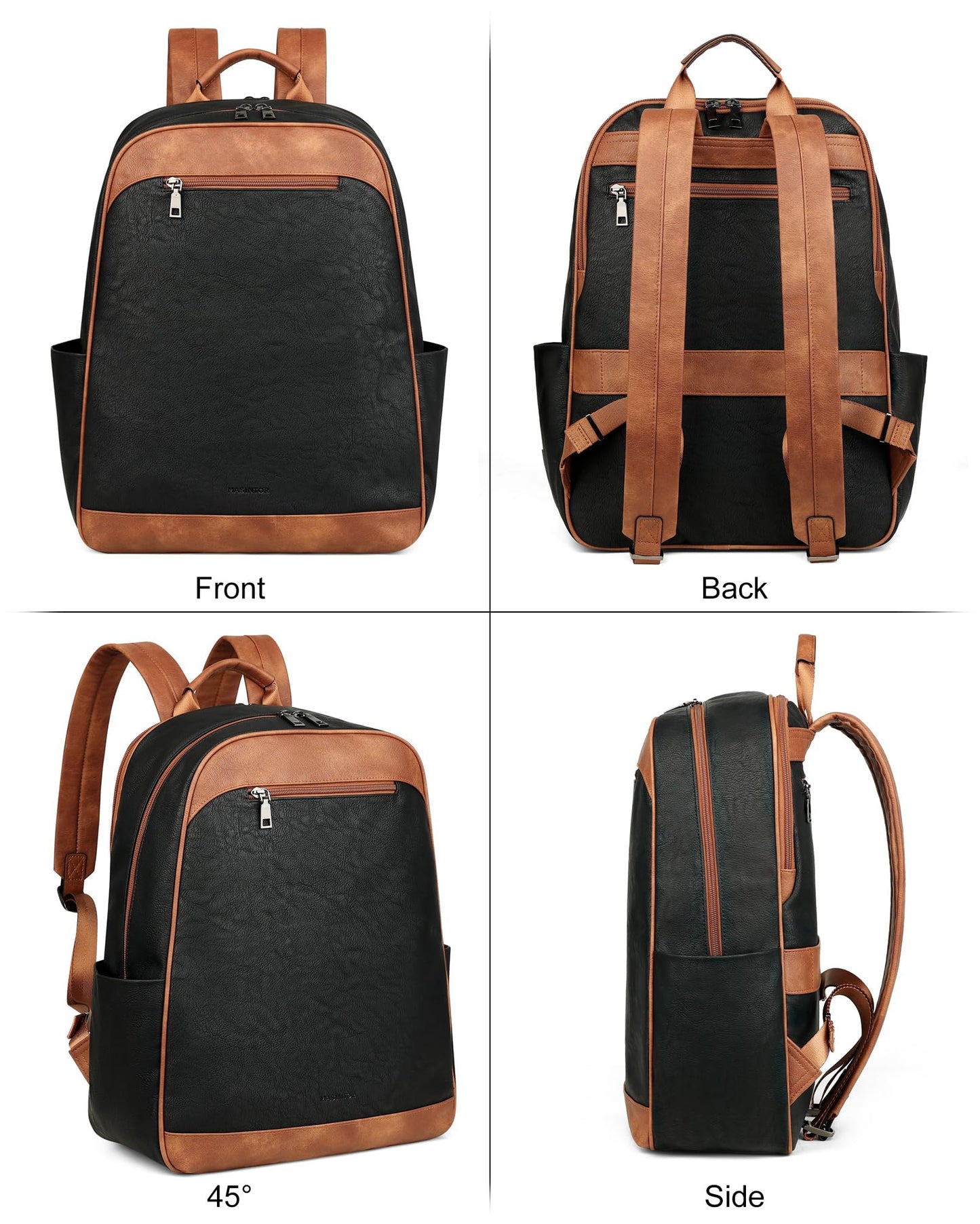 MASINTOR 15.6 inch Leather Laptop Backpack Purse for Women, Designer Travel and Work Bag with Laptop Compartment Black Brown