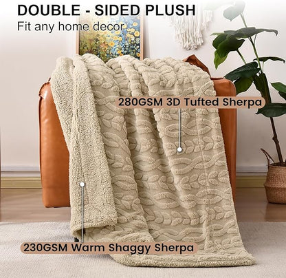 PHF Fluffy Sherpa Blanket Queen Size for Winter, Warm and Soft, 510GSM 3D Jacquard Thick Shaggy Fleece Plush Blanket for Sofa Bed, Khaki, 90"x90"
