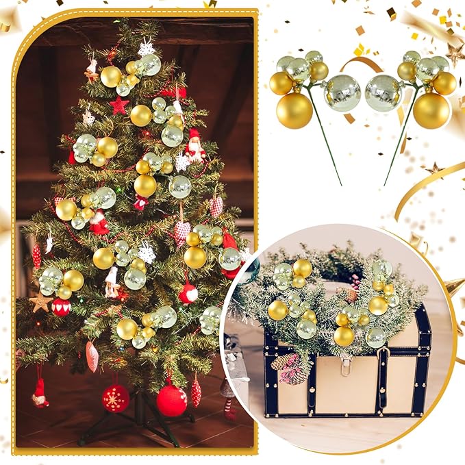 8 Pcs Champagne Gold Christmas Tree Picks 7.87 Inch Matte Glossy Satin Gold Christmas Ball Ornaments for Xmas Tree Topper DIY Wreaths Holiday Floral Vase Fillers Craft and Home Decoration