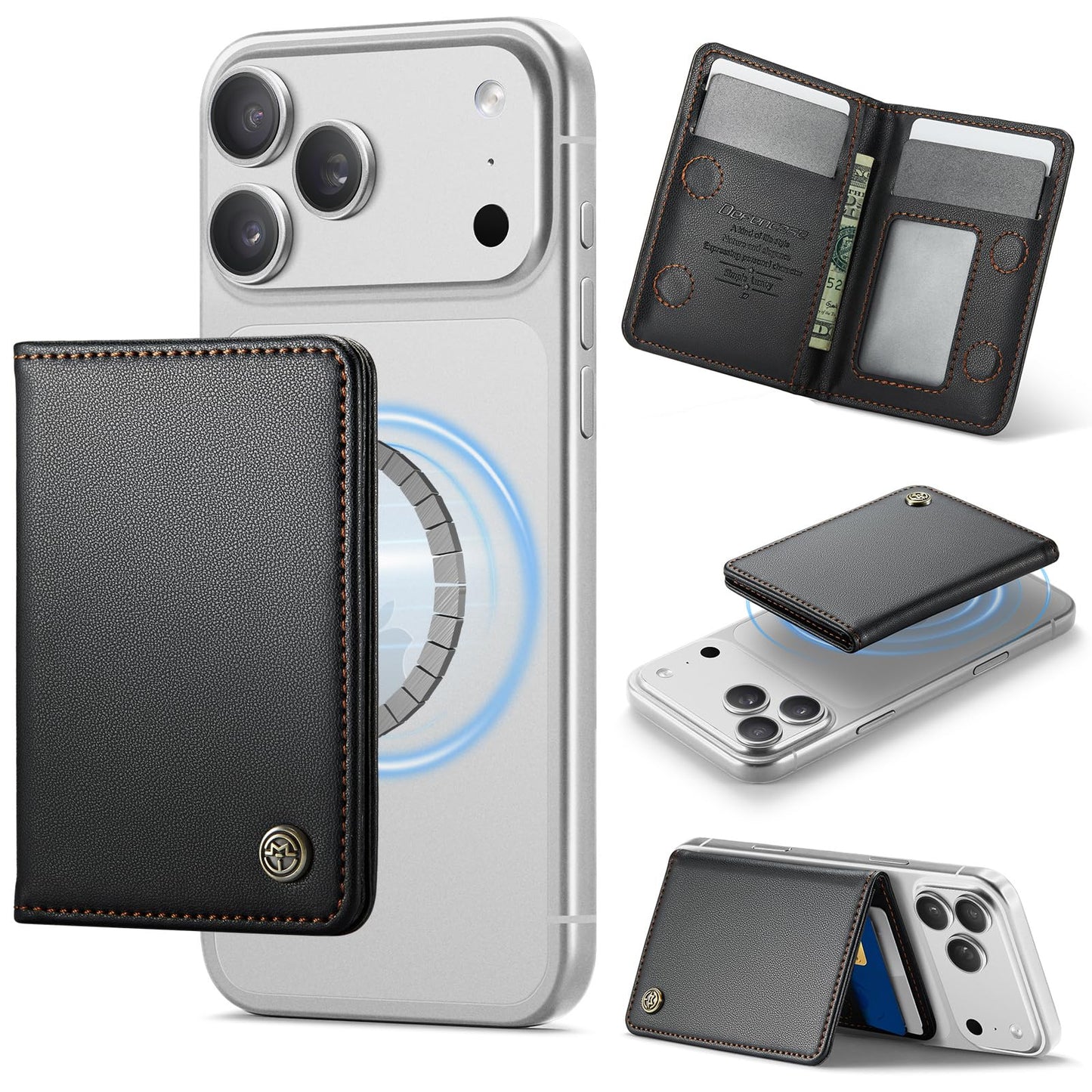 Defencase for Magsafe Wallet Magnetic Card Holder RFID Blocking, PU Leather Minimalist Phone Wallet for MagSafe Phones and Cases for iPhone 17/16/ 15/14/ 13/12/ Pro/Max/Plus/Air, Black