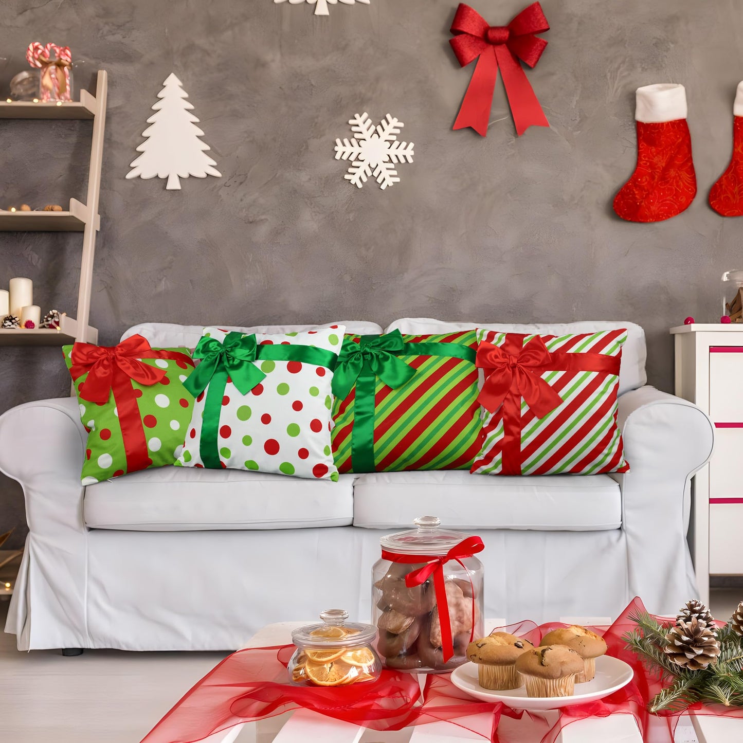 peony man Christmas Pillow Covers 18 x 18 Inch 3D Bows Throw Pillow Cases Outdoor Christmas Red Green Dot Stripe Decorative Cushion Covers for Sofa Couch Winter Holiday Decoration, Set of 4