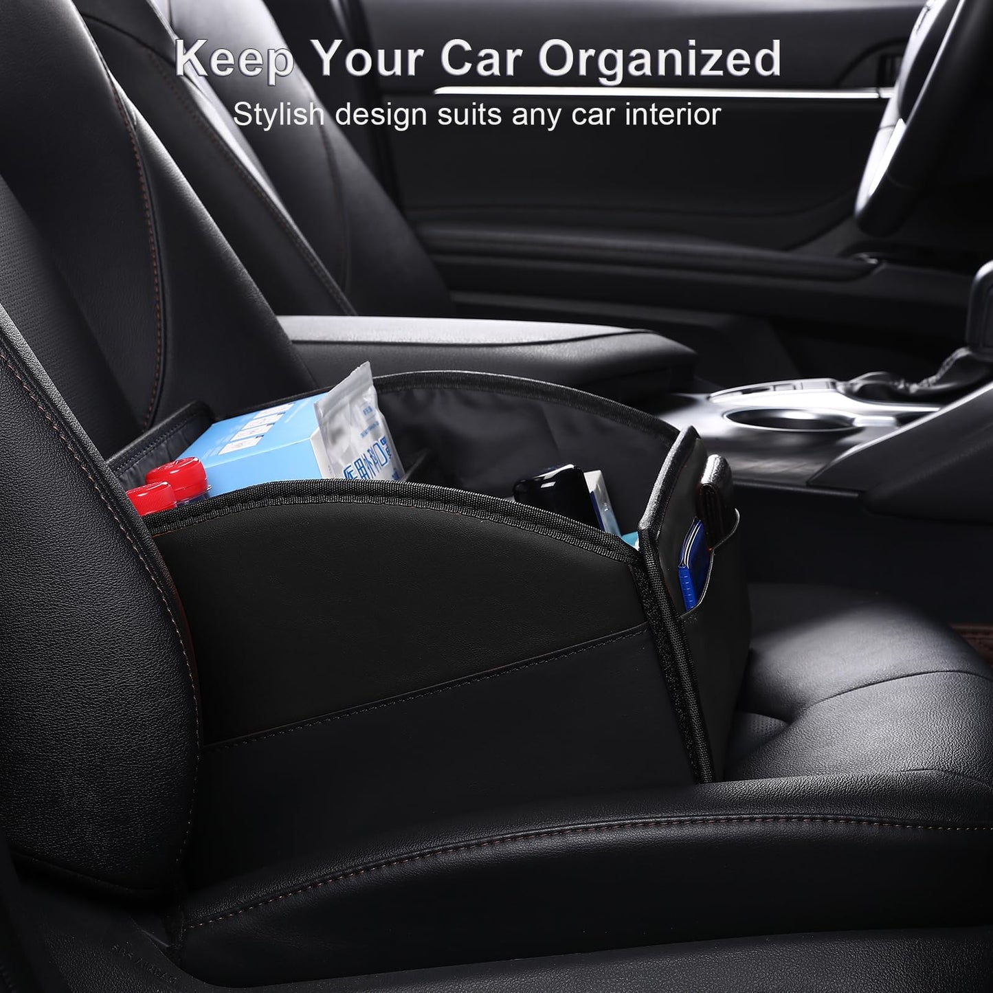 Uplien Car Storage Organizer [2025 UPDATED] Leather Car Caddy Basket for Front Seat Floor Back Seats Metal Handle 6 Compartments Adjustable Strap Buckles Slip-Resistant (Black)