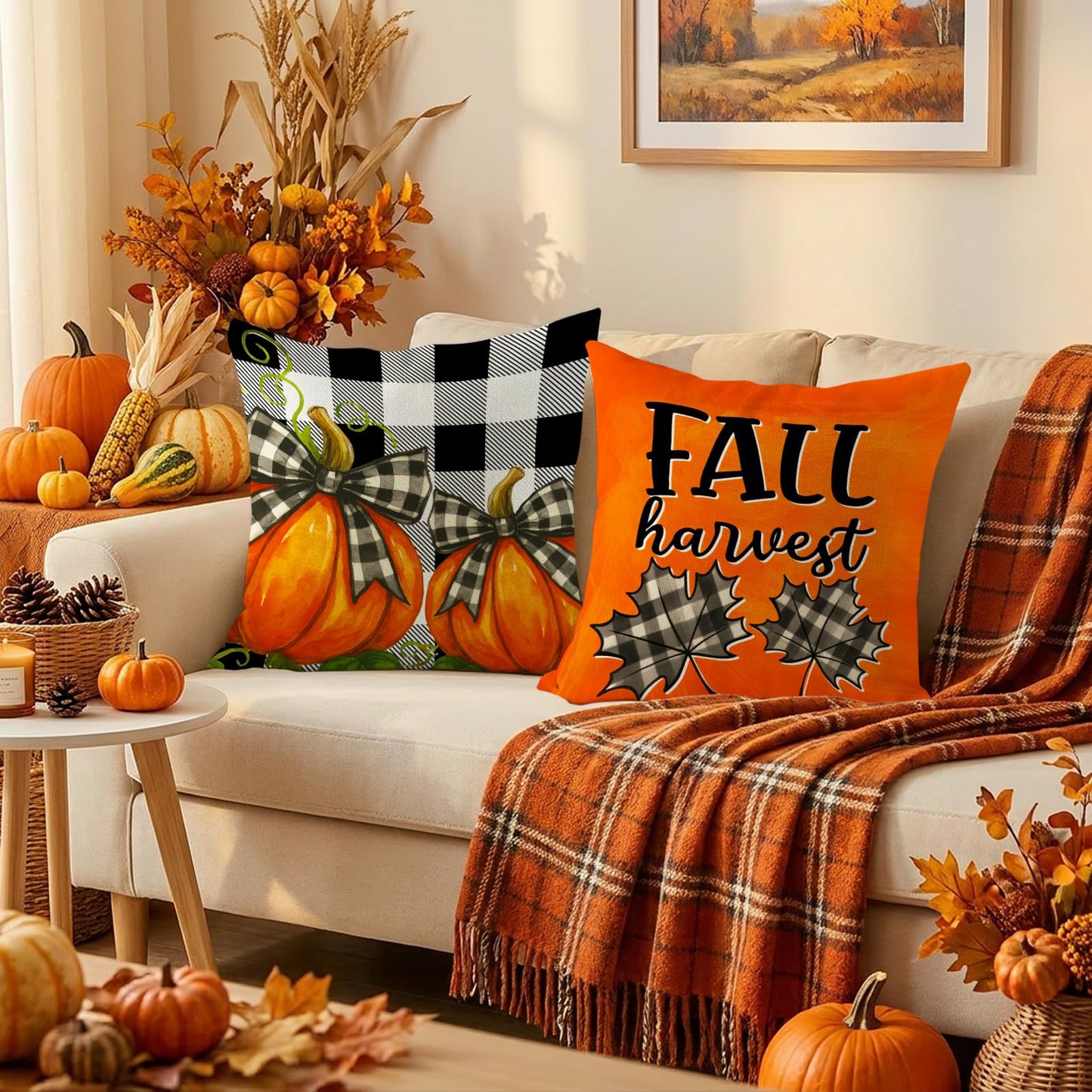 HDVUHKI Fall Pumpkin Pillow Covers 16x16 inch Set of 4, Linen Autumn Outdoor Thanksgiving Harvest Farmhouse Buffalo Check Truck Orange Decorations for Sofa Couch