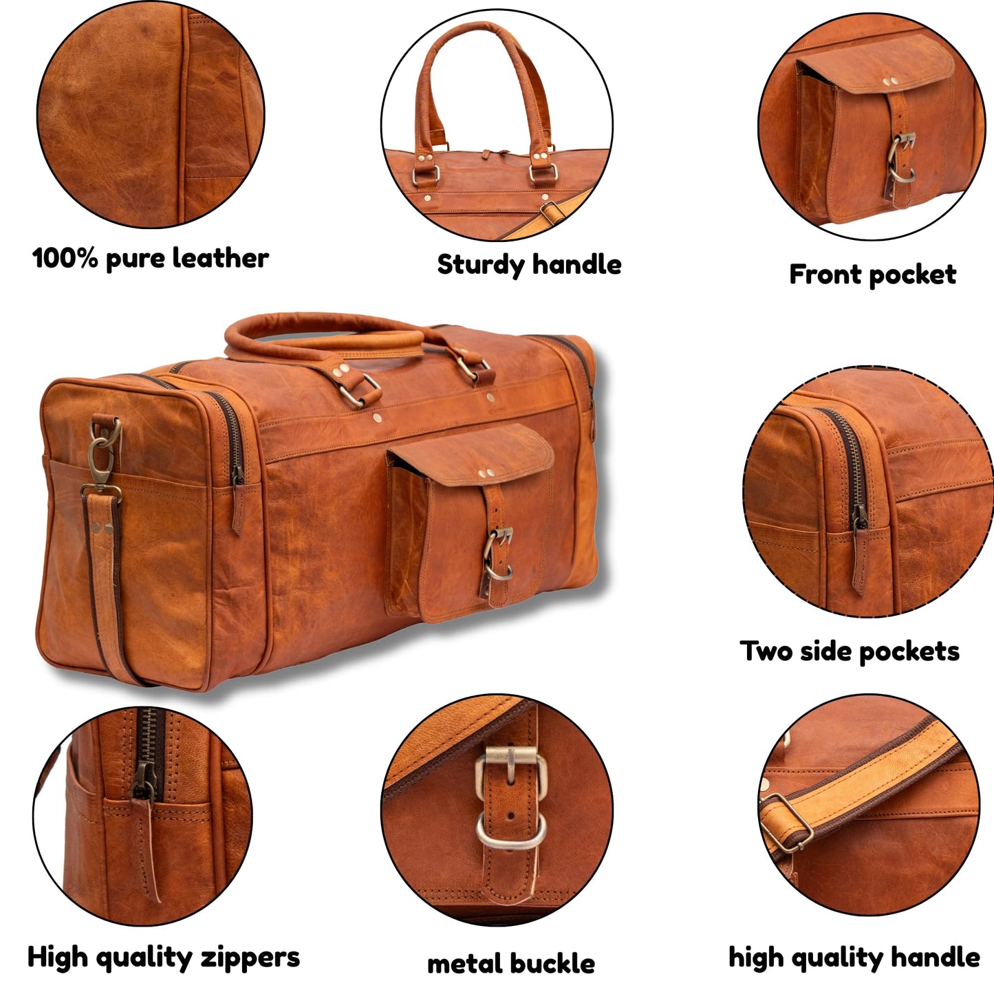 24” Full-Grain Leather Duffle Bag for Men & Women | Vintage Travel Weekender, Overnight Gym & Carry-On Luggage | Handmade Genuine Leather Bag with Shoulder Strap | Large Capacity Gift