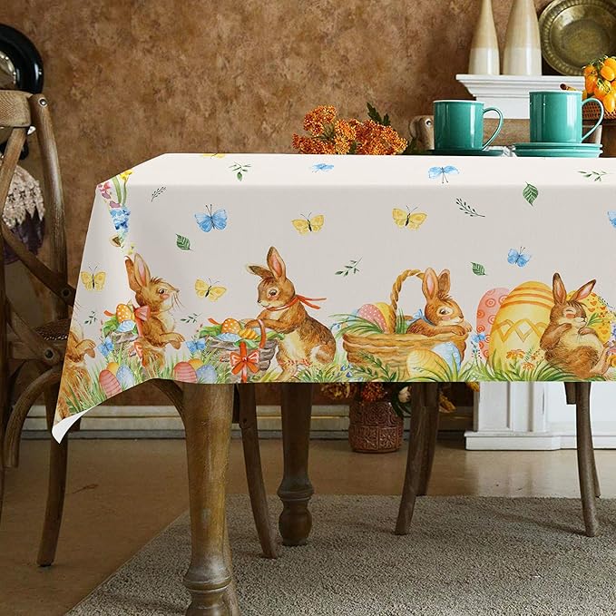 Easter Bunny Tablecloth 54"x108" Rectangle Vintage Easter Floral Butterflies Flower Leaf Egg Rabbit Fabric Table Cover for Happy Easter Spring Holiday Birthday Wedding Outdoor Picnic Party Supplies