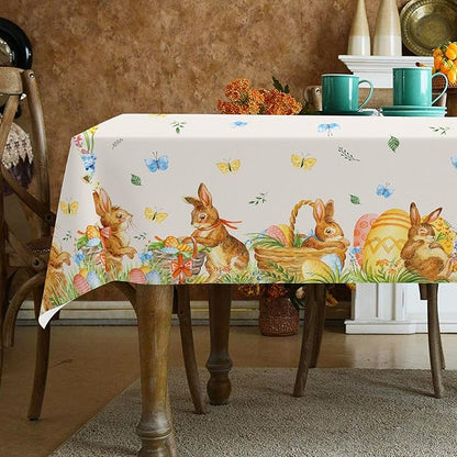 Easter Bunny Tablecloth 54"x108" Rectangle Vintage Easter Floral Butterflies Flower Leaf Egg Rabbit Fabric Table Cover for Happy Easter Spring Holiday Birthday Wedding Outdoor Picnic Party Supplies