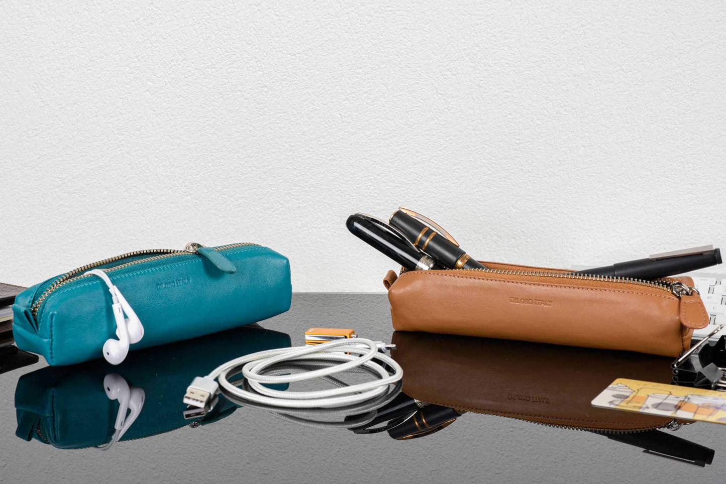 DiLoro Leather Zippered Fountain Ballpoint Rollerball Pens and Pencils Case Holder Pouch Genuine Full Grain Soft Nappa Leather (Tan)