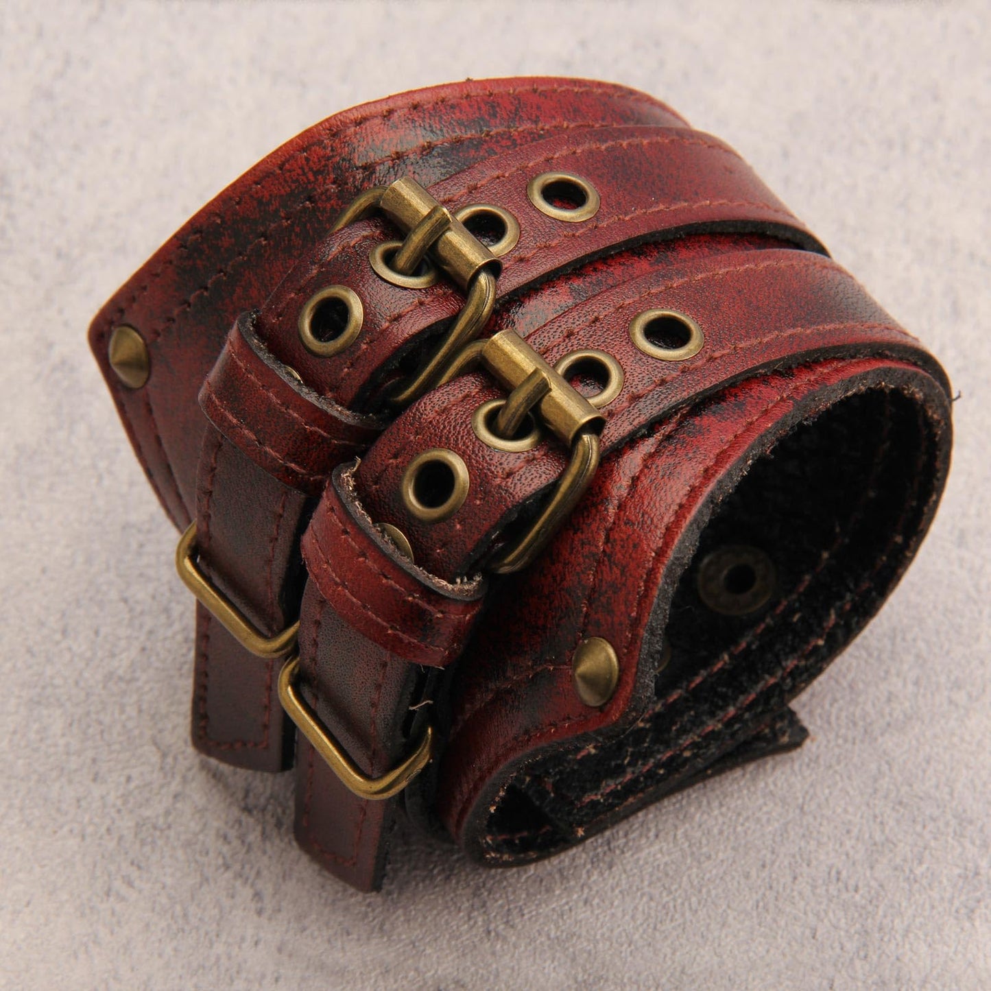 GelConnie Mens Leather Cuff Bracelet Wide Punk Rock Wristband Studded Bracelet Red Adjustable Leather Arm Band