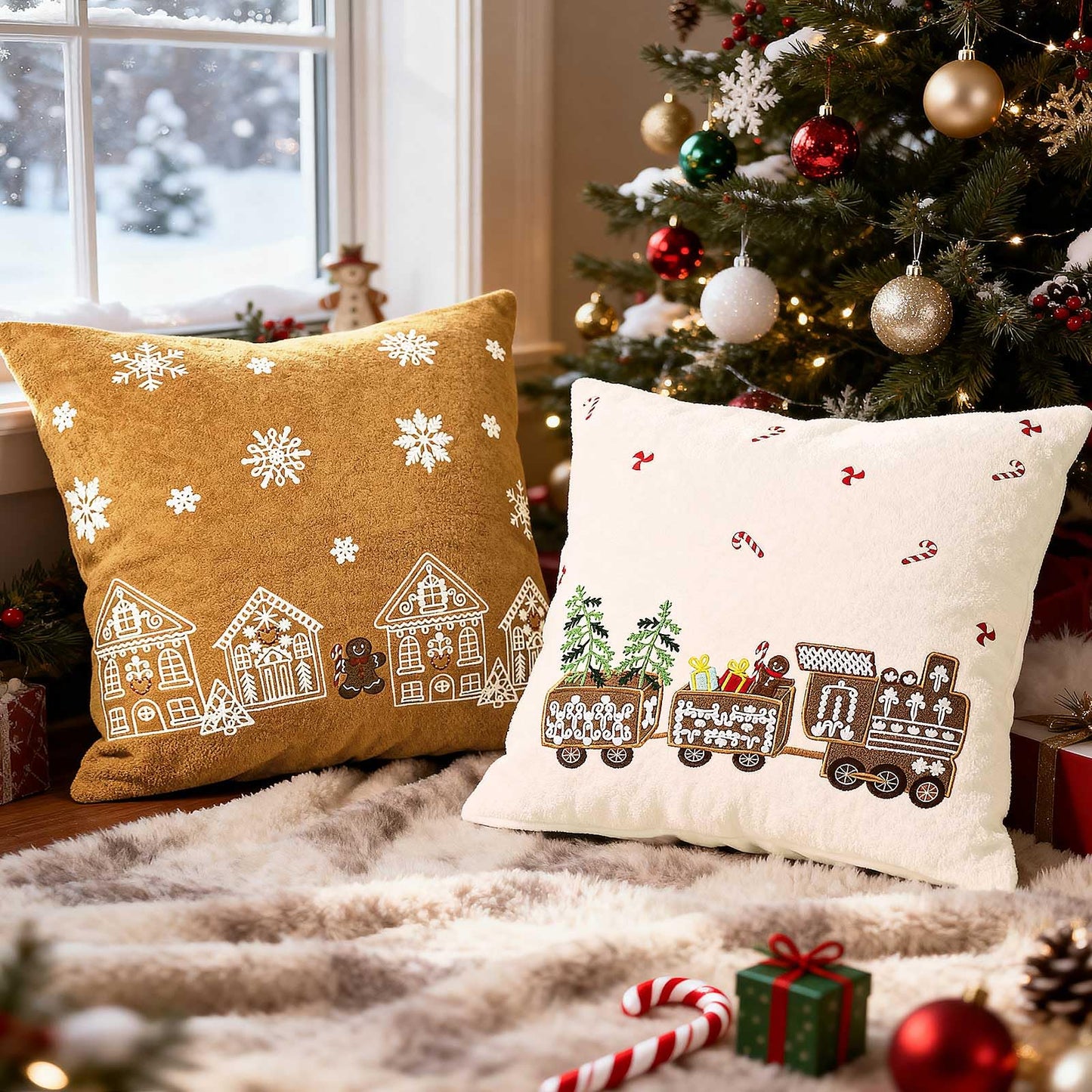 Lanpn 18x18 Christmas Pillow Covers Set of 2, Embroidery Gingerbread Man House Decorative Holiday Pillowcase Pillow Case Cushion 18 x 18 for Indoor Home Bedroom Sofa Couch Xmas Decor