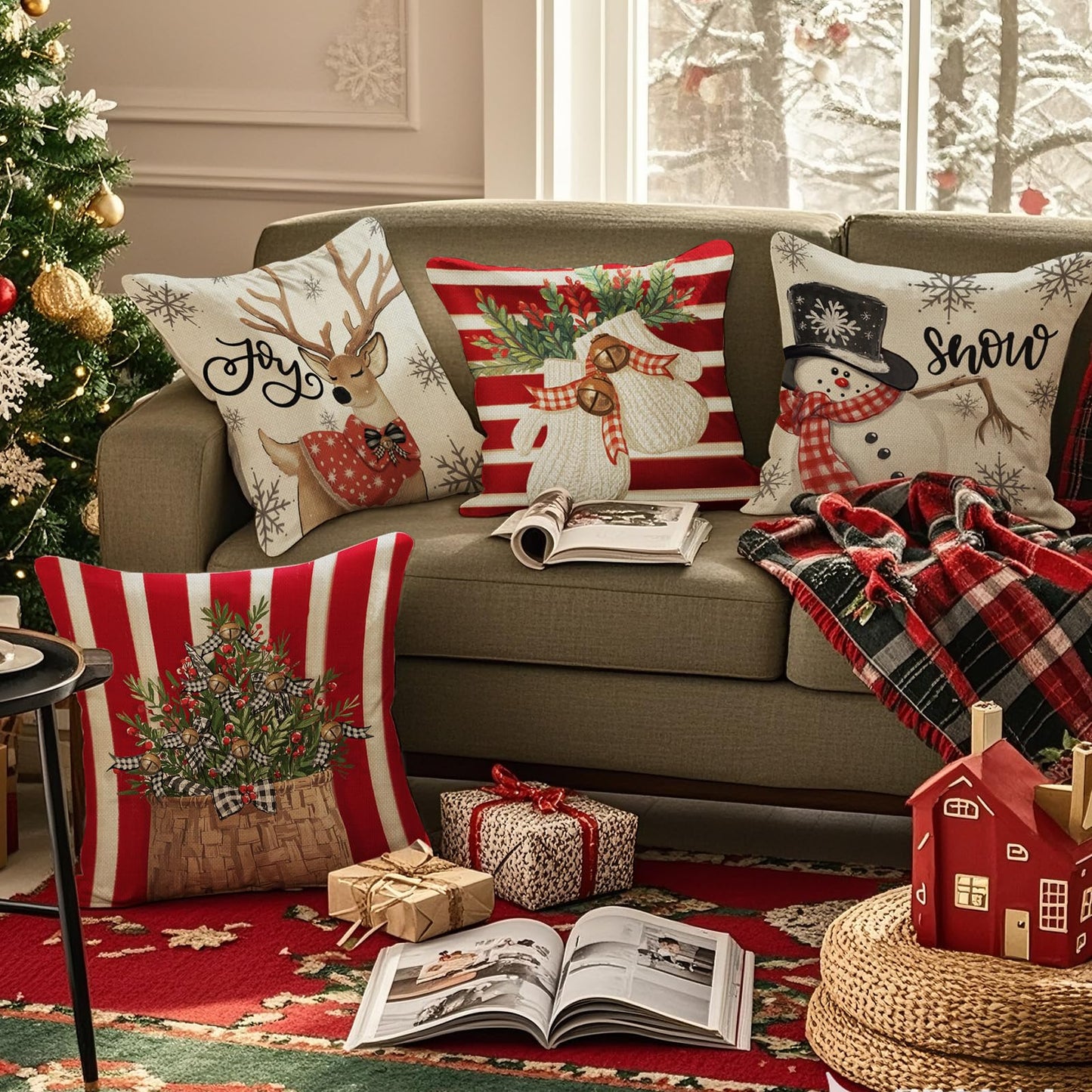 UPOFFICIS Christmas Pillow Covers 18x18 inch Set of 4, Christmas Decorations Cushion Covers, Xmas Pillow Covers, Pillowcases Throw Pillow Covers for Sofa Couch Home Decor