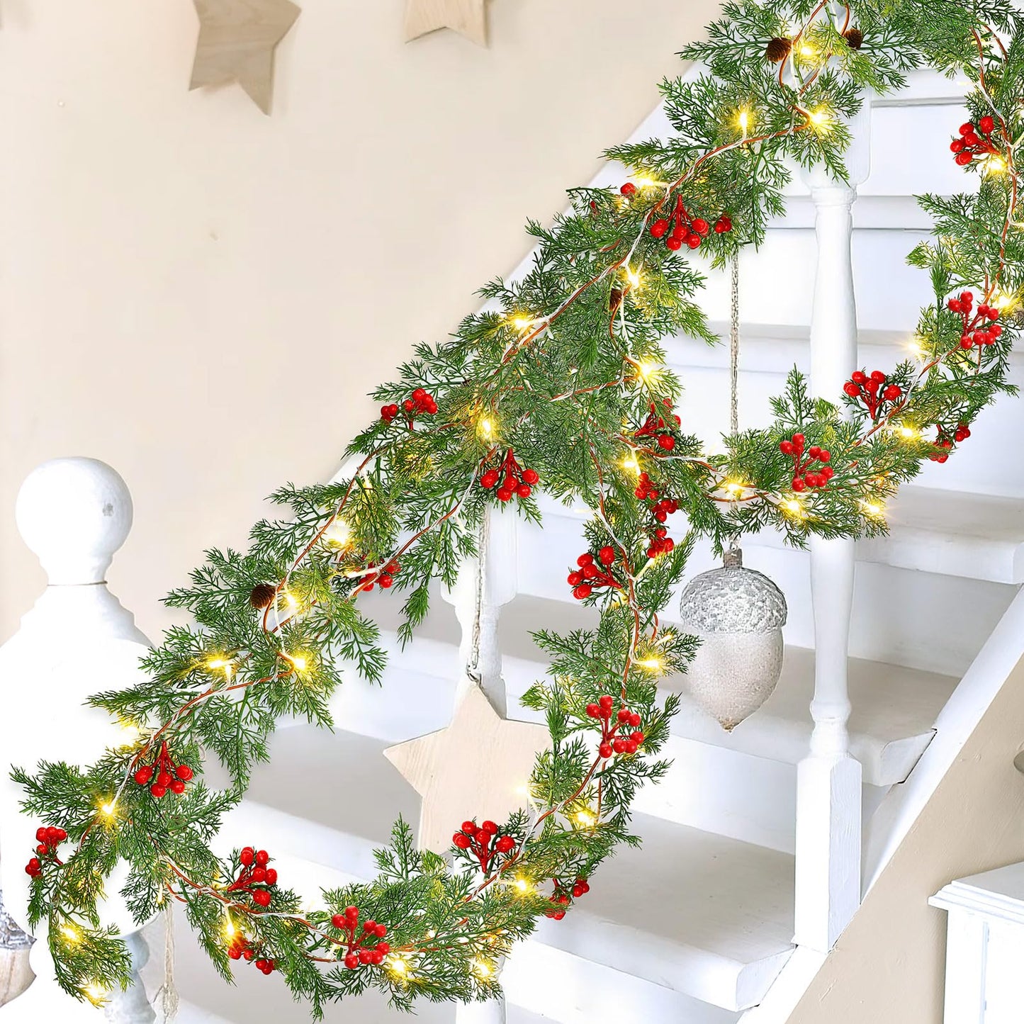 Spiareal 1 Pcs 9 ft Christmas Garland with Light Christmas Lighted Pine Garland Prelit Battery Operated Cedar Pine Cone Red Berry Greenery for Mantle Fireplace Decor