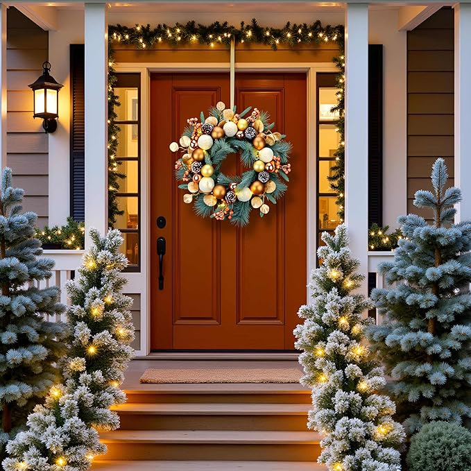 YULETIME 20-inch Christmas Wreath, Battery Operated Holiday Wreath with 20 Fairy Lights, Golden Baubles & Berries, Pine Cones, Golden Leaves, Frosted Spruce Branches and Pine Needles (Gold)