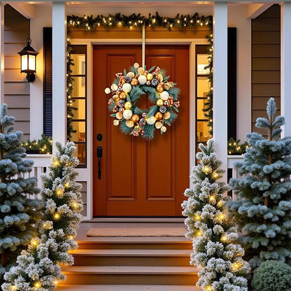 YULETIME 20-inch Christmas Wreath, Battery Operated Holiday Wreath with 20 Fairy Lights, Golden Baubles & Berries, Pine Cones, Golden Leaves, Frosted Spruce Branches and Pine Needles (Gold)