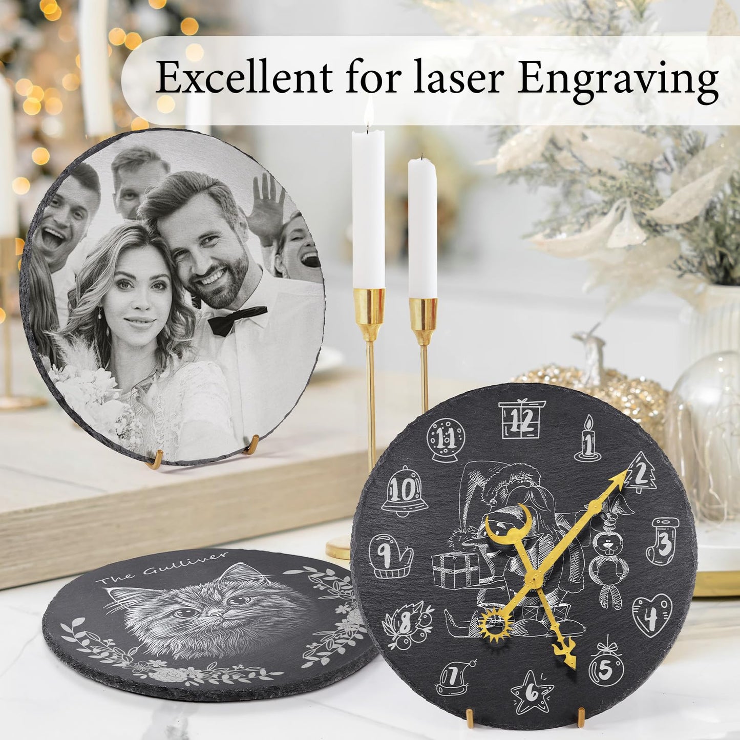 MAPRIAL 11 x 11 In 4 Pack Slate Cheese Boards, Round Black Stone Plates Charcuterie Boards Serving Tray Slate Platter for Halloween Christmas, Party, Gifts