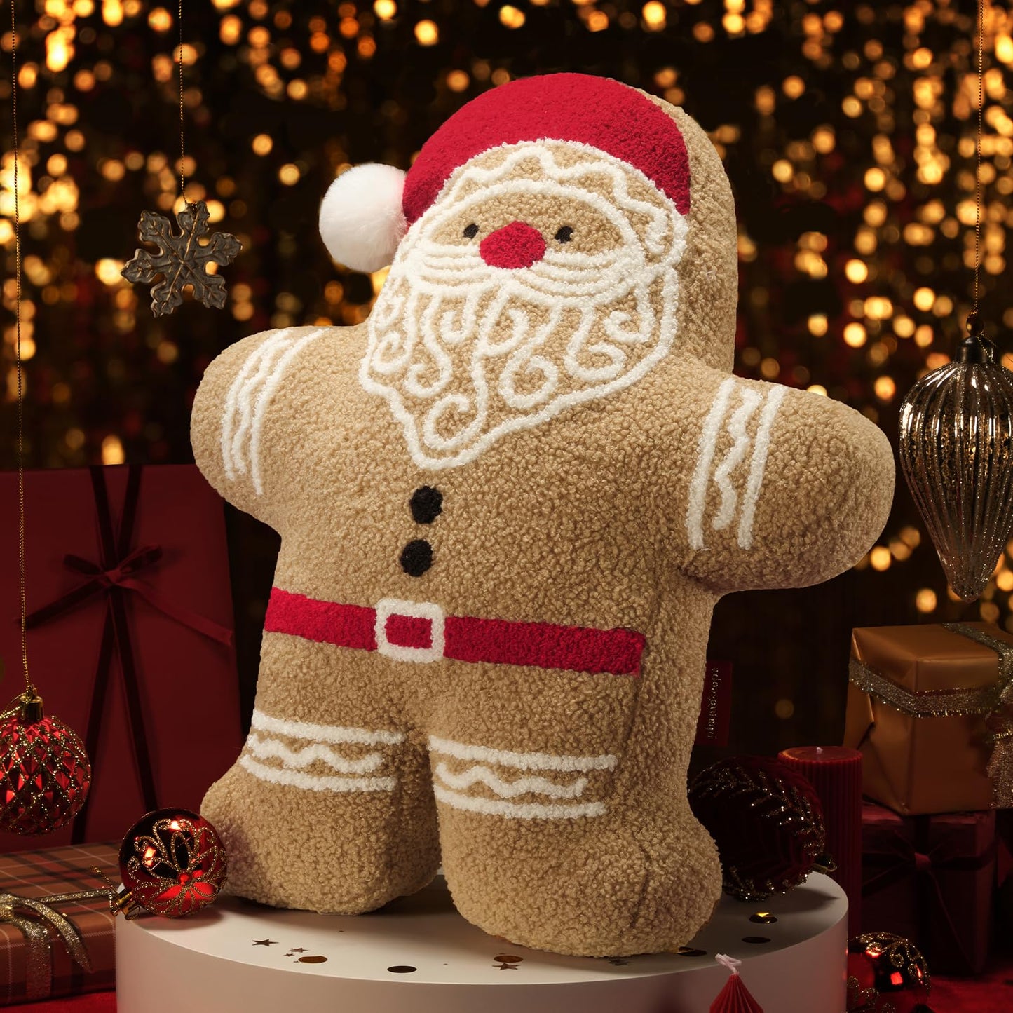 Phantoscope Gingerbread Merry Christmas Throw Pillow, Plush Teddy Xmas Gingerbread Santa Claus Shaped Pillows Christmas Decorative Pillow for Couch Living Room Bed, Beige, 20 x 16.5 inches