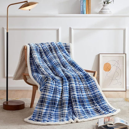 Touchat Sherpa Plaid Throw Blanket(60" X 70", Plaid Blue), Fuzzy Fluffy Cozy Soft Blanket, Fleece Flannel Plush Twin Size Microfiber Blanket for Couch Bed Sofa