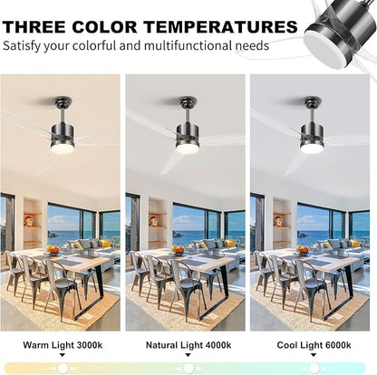 OKELI Clear Ceiling Fan with Light, 52 Inch Black Transparent Ceiling Fans with Light and Remote 3 Reversible Blade LED Ceiling Fan and Light Combo for Living Room, Bedroom, Patio