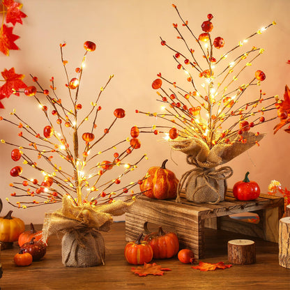 Ganeen 2 Pcs Thanksgiving Lighted Fall Tree Tabletop Decor LED 18 Inch Light up Fall Mini Tree Table Centerpiece Autumn Pumpkin Berry Harvest Decorations Rustic Burlap Base for Home Office Desk Decor