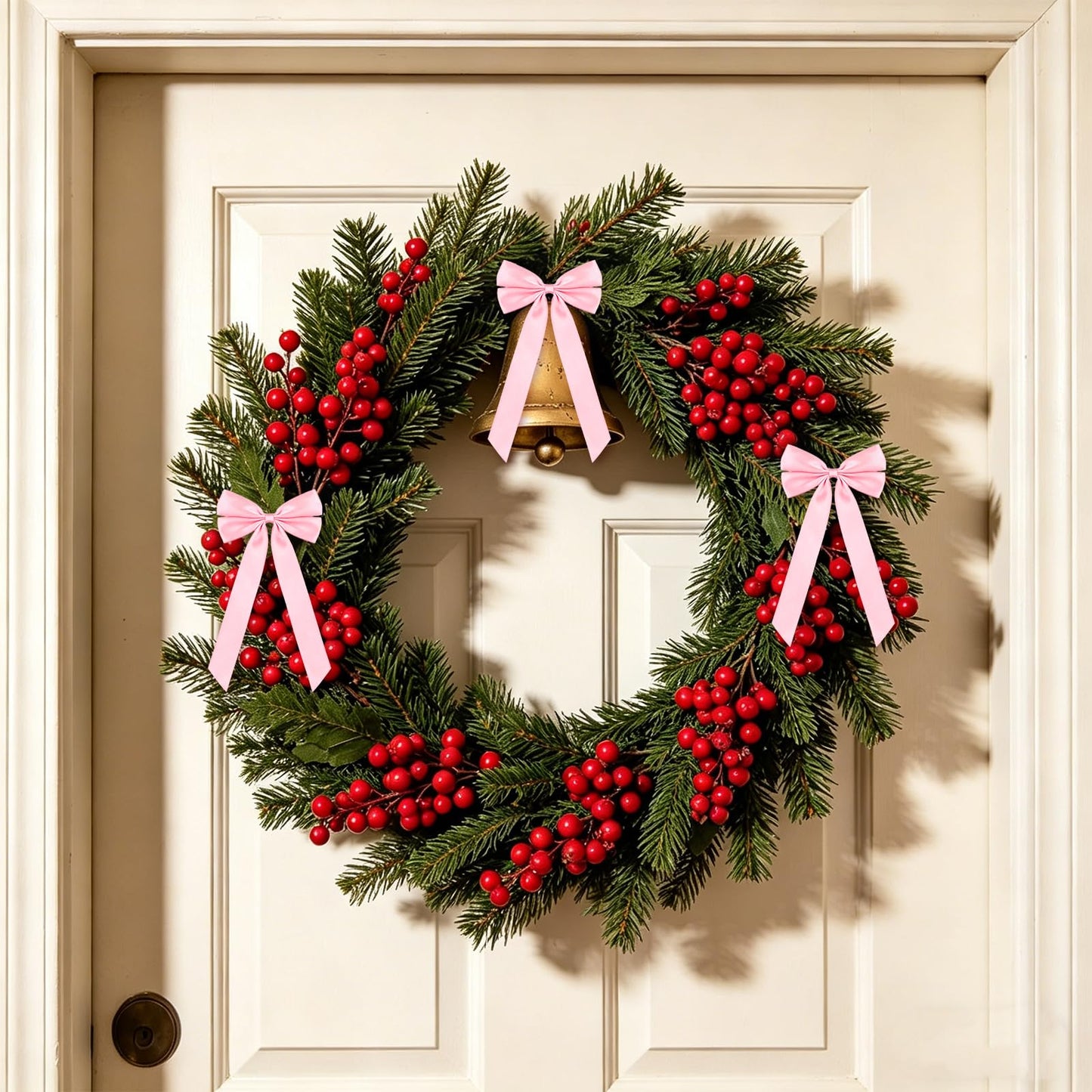 50Pcs Pink Satin Bows for Christmas Tree, 4 x 8 inch Xmas Ornaments with Pre-Made Twist Ties & Self-Adhesive, for Tree Cabinet Front Door Wreath Holiday Home Decor