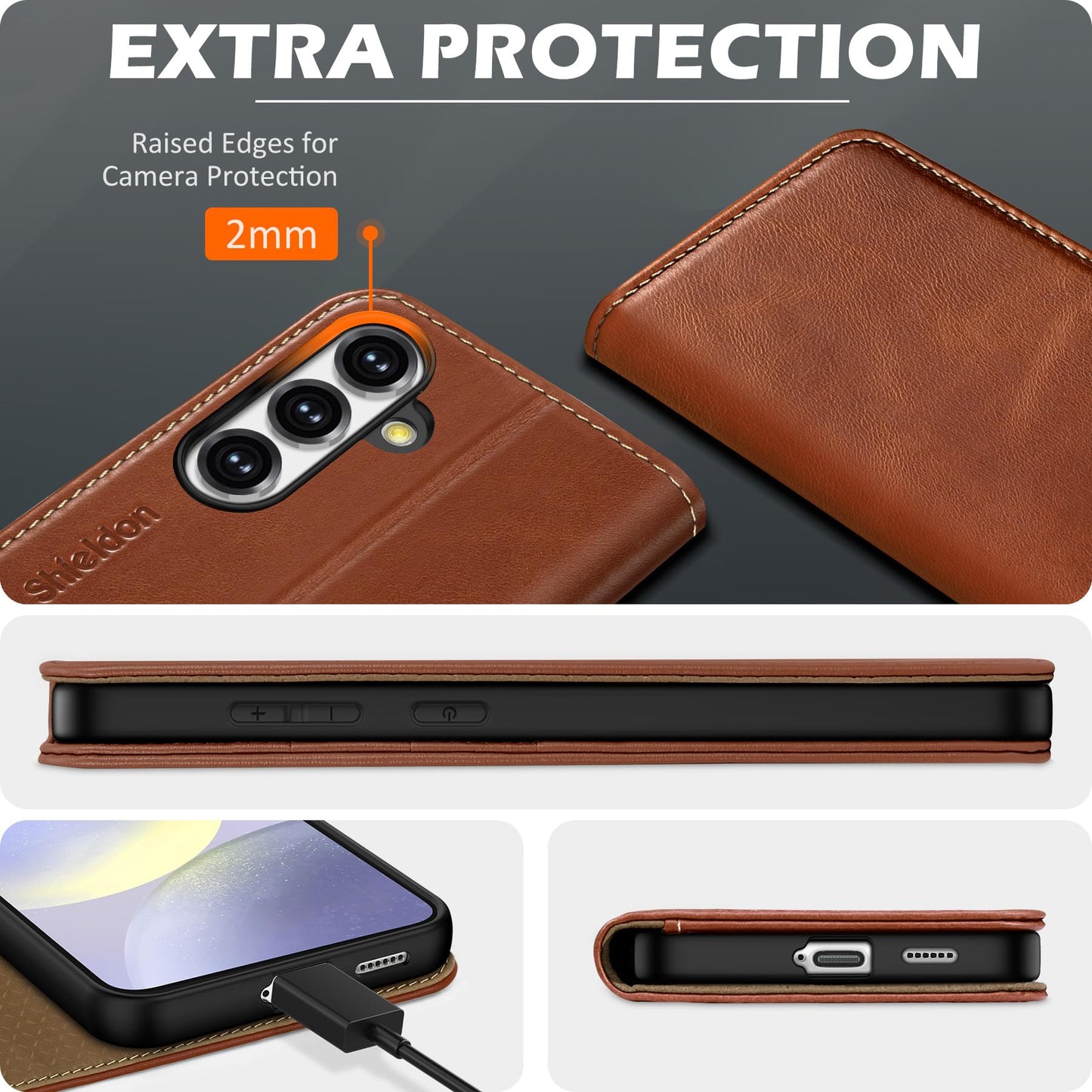 SHIELDON Genuine Leather Wallet Case for Galaxy S25 6.2" 2025, Retro Brown