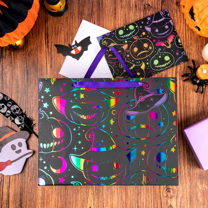LeZakaa Pink Halloween Wrapping Paper Roll 13" Gift Bag with Tissue Paper, Gift Tag, and Card, Evil Pumpkin Fluorescent Black Design