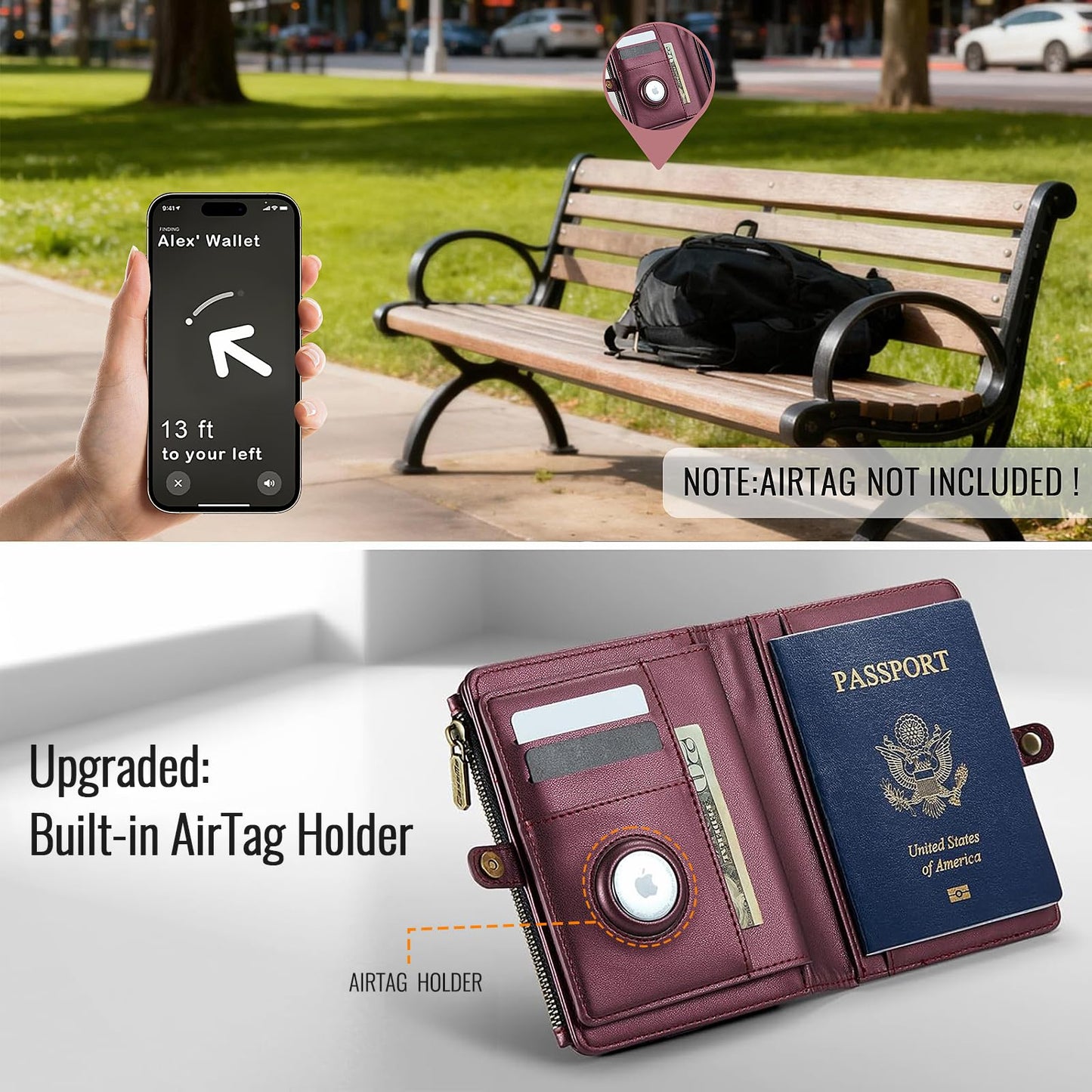 XIMAND Passport Holder Wallet Bag with AirTag Holder, 11 Card Slots and Passport Solt Cash Solt Photo Solt Zipper Pocket, RFID Blocking Wristlet Strap.Wine