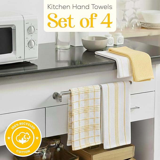 MosJos Kitchen Towels Set of 4 Dish Towels Yellow n White Waffle Weave Cotton