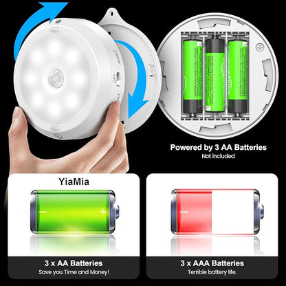 YiaMia Indoor Motion Sensor Night Light - 3 Pack, Smart Under Cabinet Lighting, 3 × AA Battery Operated Wireless Stair Light, Dimmable Puck Lights Suitable for Kitchens, Wardrobes, Hallway