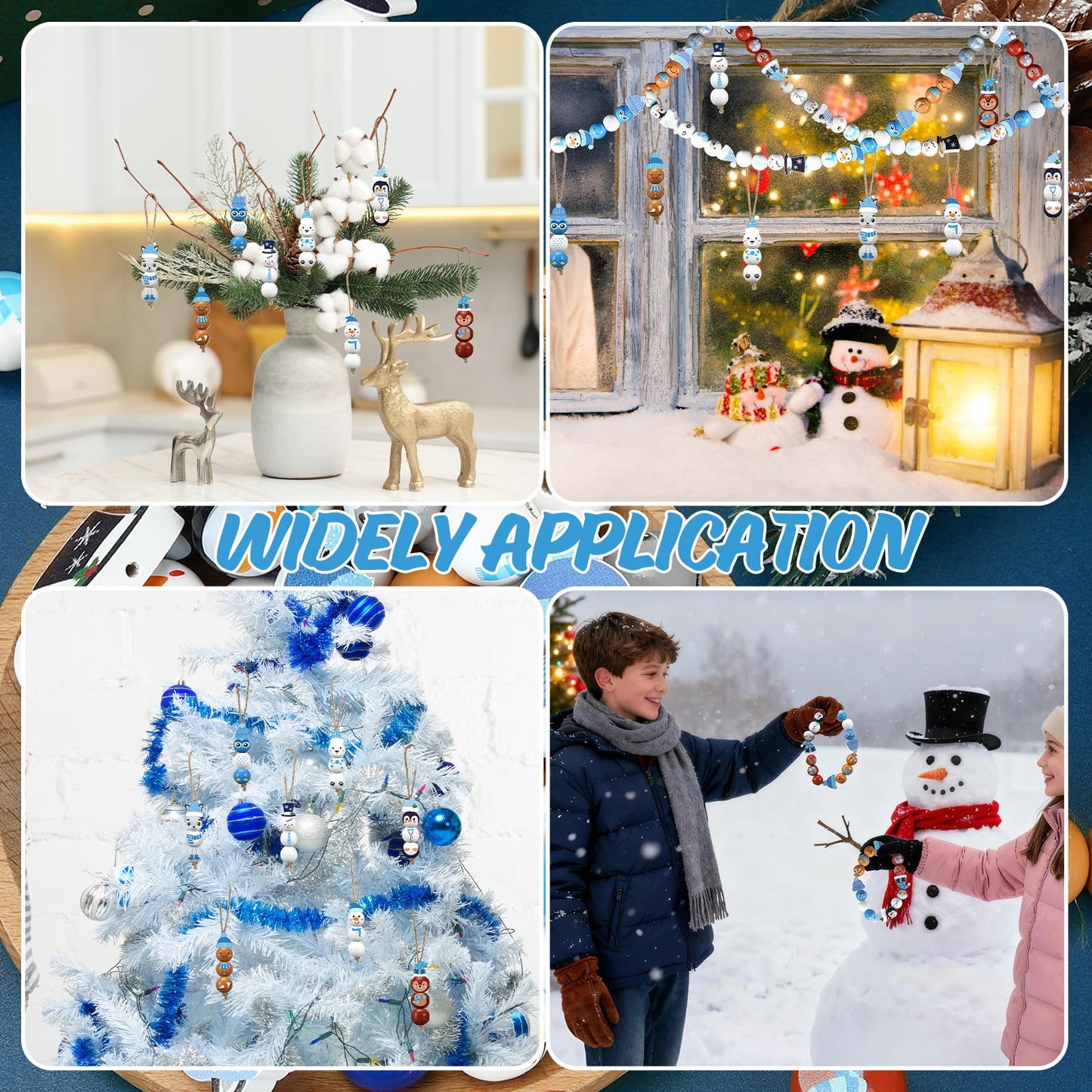 Geelin 300 Pcs Christmas Wood Beads with Twine - Santa Gingerbread Snowman Winter Animals Wooden Round Bead for Hanging Ornaments DIY Crafts Garland Holiday Tree Decor(Winter Animals)