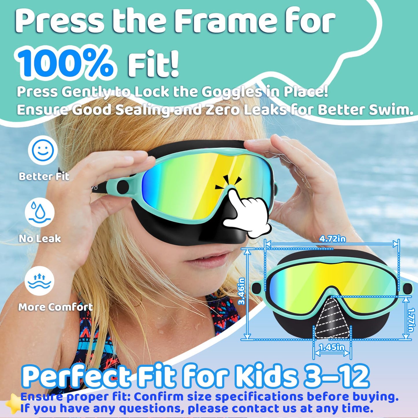 Vvinca Swim Goggles with Nose Cover, 2 Pack Wide View Diving Mask Anti-Fog UV No Leak Toddlers Swimming Goggles for Kids 3-12