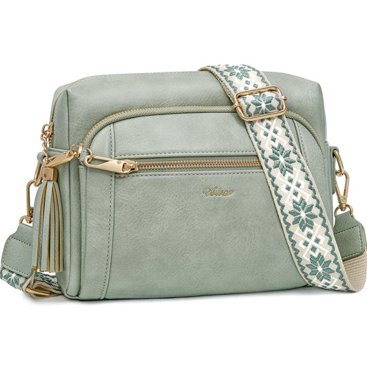 HILAEX Small Leather Crossbody Bags for Women Anti theft Purses and Handbag Shoulder Hangbag with Wide Strap Tassel Pale Green