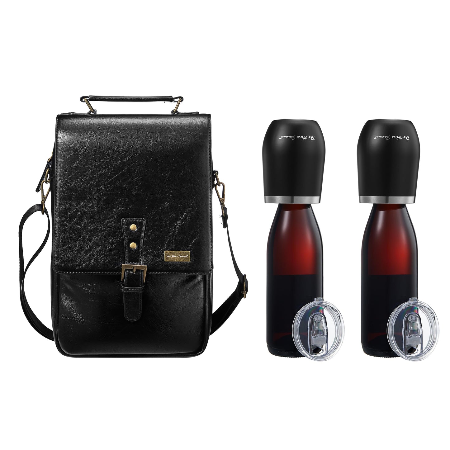 2 Bottle Insulated Wine Tote Bag with Tumblers, Leather Carrier Purse with Dividers, Leakproof Cooler, Adjustable Shoulder Strap & Pockets, Travel, Picnic, Beach, Hiking, Gift for Men & Women
