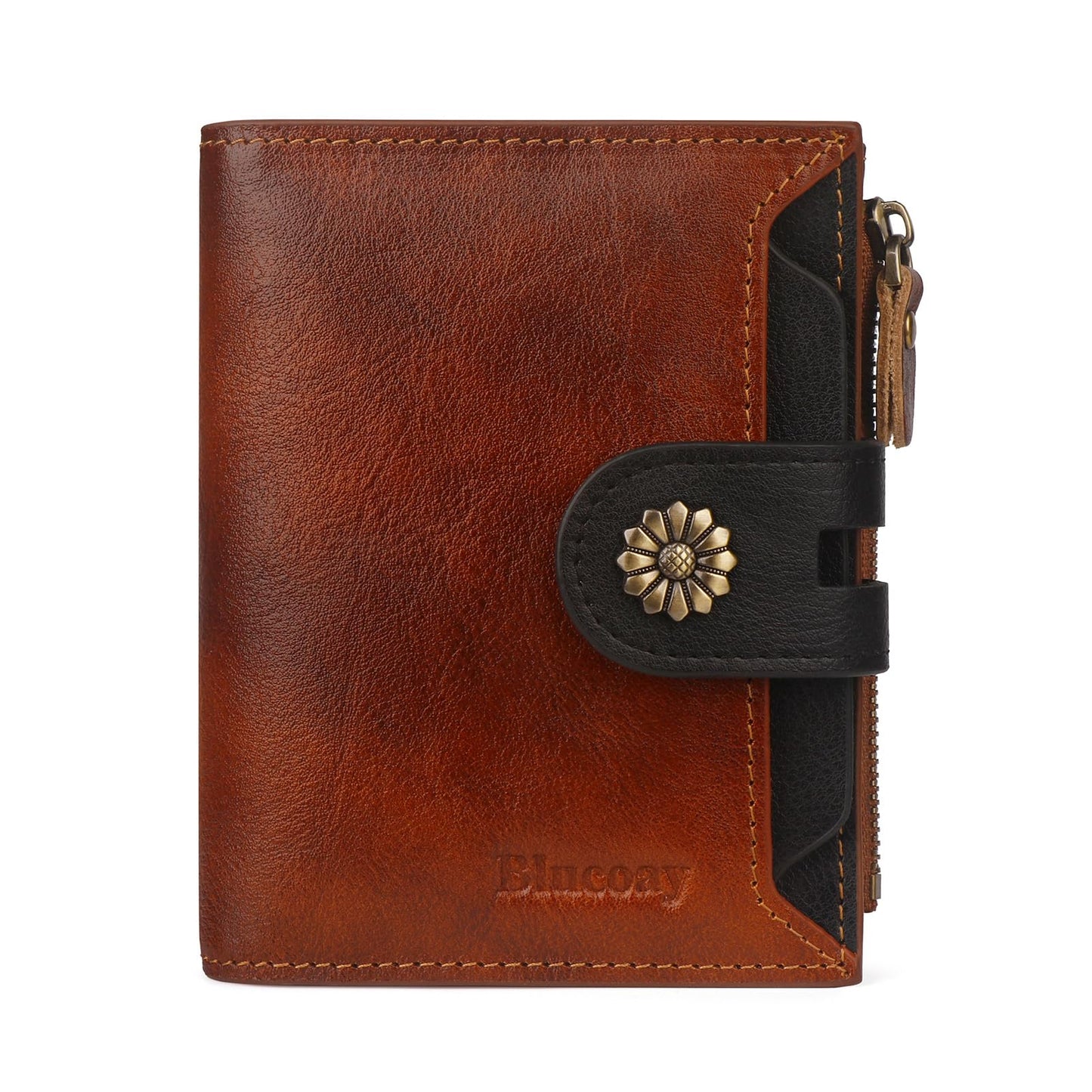 Blucoay Leather Wallet Women,RFID Blocking Womens Wallet Bifold Compact Small Wallet for Women Card Holder with Zip Coin Pocket Brownblack