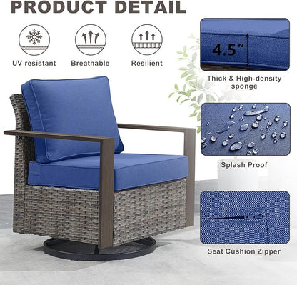 Outdoor Patio Swivel Rocker Chairs - 3 Piece Wicker Patio Furniture Bistro Set with 2 Swivel Rocking Chairs and 1 Metal Side Table,Thick Cushions,Deep Seating for Deck Porch Garden(Mixed Grey/Blue)