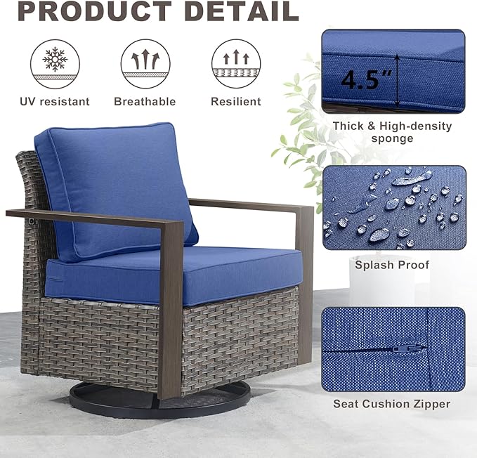 Rilyson Outdoor Wicker Patio Furniture Set - 8 Piece Patio Conversation Set with 4 Wicker Swivel Rocker Chairs,2 Rattan Ottoman 1 Side Table and 1 Couch,Thick Cushions,Deep Seating(Mixed Grey/Blue)